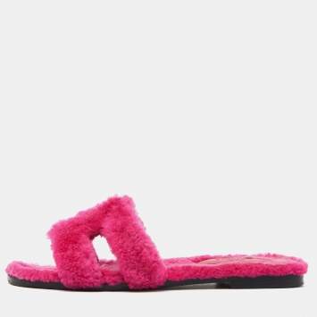 Pre Owned Hermes Pink Shearling Fur Oran Flat Slides Size 36.5