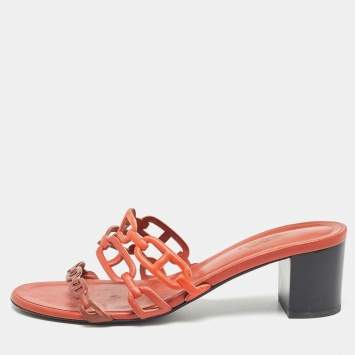 Pre Owned Hermes Orange/Brown Leather Tandem Sandals Size 38