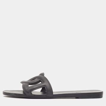 Pre Owned Hermes Black Rubber Aloha Flat Slides Size 41