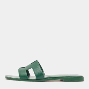 Pre Owned Hermes Green Leather Oran Flat Slides Size 40