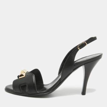 Pre Owned Hermes Black Leather Studded Night Slingback Sandals Size 36