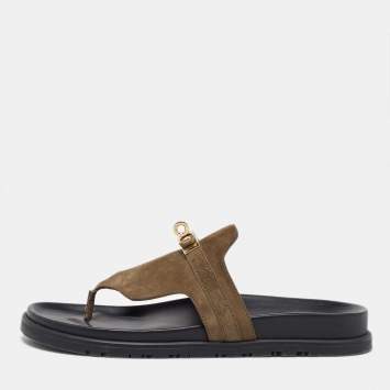 Pre Owned Hermès Olive Green Suede Empire Slides Size 39