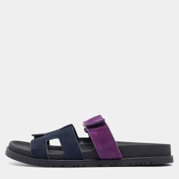 مملوكة مسبقًا Hermes Navy Blue/Purple Suede  Chypre Slide Sandals Size 40