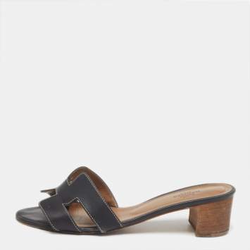 Pre Owned Hermes Black Leather Oasis Slide Sandals Size 38