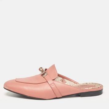 Pre Owned Hermes Pink Leather Oz Flat Mules Size 39