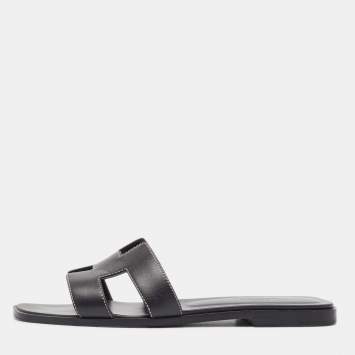 Pre Owned Hermes Black Leather Oran Flat Slides Size 39