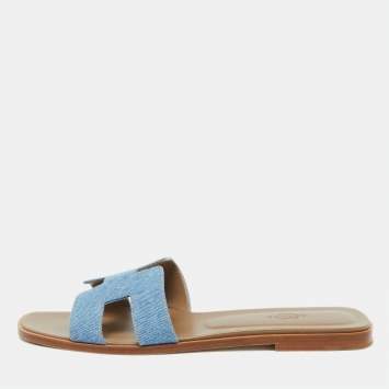 Pre Owned Hermes Blue Denim Oran Flat Slides Size 41.5