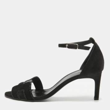 Pre Owned Hermes Black Suede Crystal Embellished Premiere Sandals Size 39