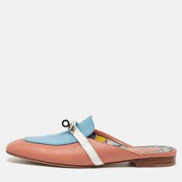 Pre Owned Hermes Pink/Blue Leather Oz Flat Mules Size 38