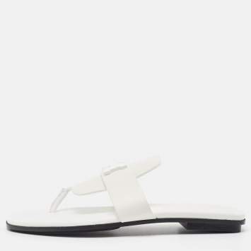 Pre Owned Hermes White Leather Galerie Thong Flats Size 37