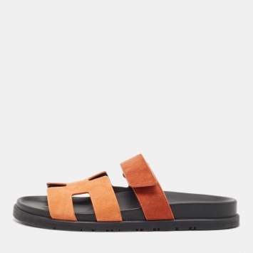 Pre Owned Hermes Orange Suede Chypre Slides Size 39