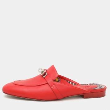 Pre Owned Hermes Red Leather Oz Mules Size 38.5