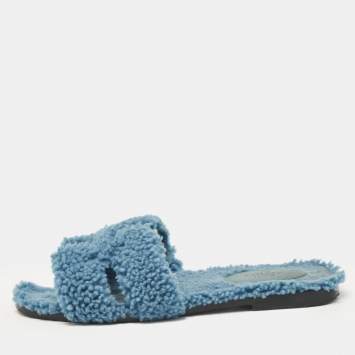 Pre Owned Hermes Blue Shearling Fur Oran Flat Slides Size 37