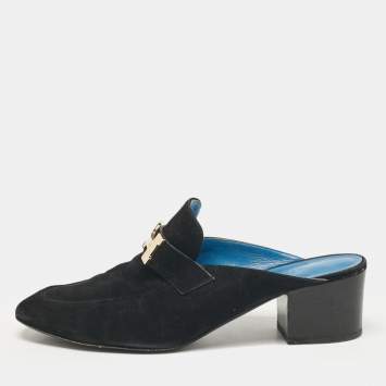 Pre Owned Hermes Black Suede Paradis Mules Size 39.5