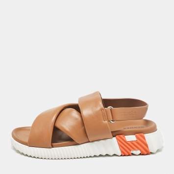 Pre Owned Hermes Brown Leather Electric Ankle Strap Sandals Size 38.5