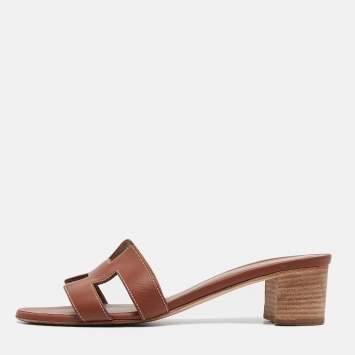 Pre Owned Hermes Brown Leather Oasis Slide Sandals Size 38