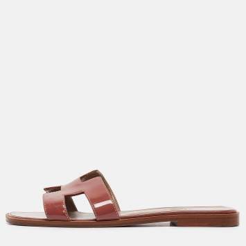 Pre Owned Hermes Pink Patent Leather Oran Flat Slides Size 37