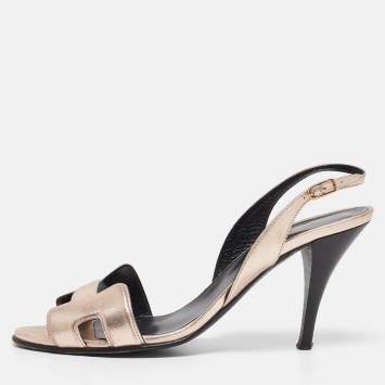 Pre Owned Hermes Gold Metallic Leather Night Slingback Sandals Size 38