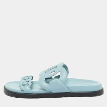 Pre Owned Hermes Light Blue Leather Extra Flat Sandals Size 39