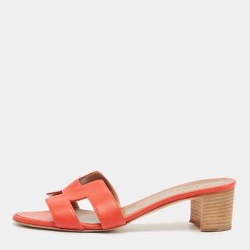 Pre Owned Hermes Red Leather Oasis Slide Sandals Size 37