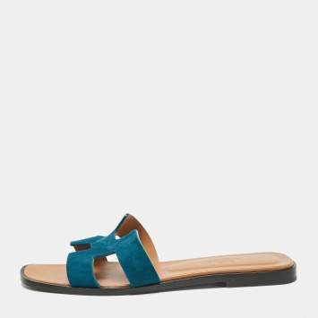 Pre Owned Hermes Green Suede Oran Flat Slides Size 38.5