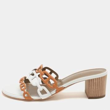 Pre Owned Hermes White/Brown Leather Tandem Slide Sandals Size 37