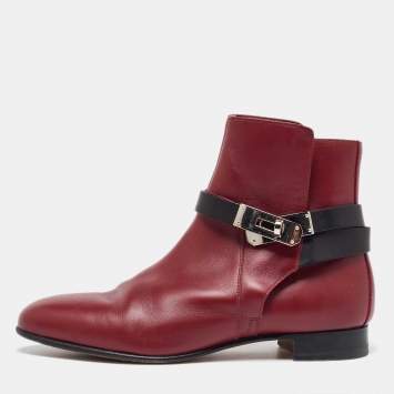 Pre Owned Hermes Burgundy/Black Leather Neo Ankle Length Boots Size 37