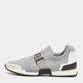 Pre Owned Hermes Light Grey Neoprene and Leather Slip On Sneakers Size 37