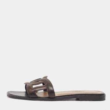 Pre Owned Hermes Brown Leather Aloha Flat Slides Size 36