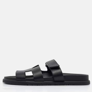 Pre Owned Hermes Black Leather Chypre Flat Sandals Size 40