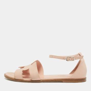 Pre Owned Hermes Pink Leather Santorini Ankle Strap Flat Sandals Size 38
