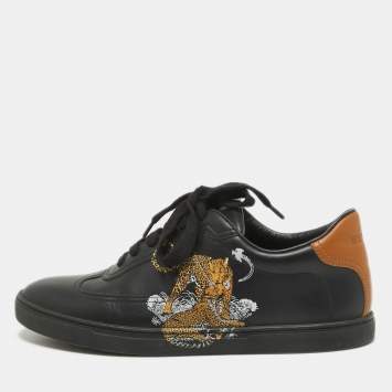 Pre Owned Hermes Black/Brown Leather Jaguar Quicker Sneakers Size 38