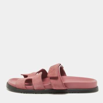 Pre Owned Hermes Pink Suede Chypre Flat Slides Size 38