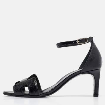 Pre Owned Hermes Black Patent Leather Premiere 70 Ankle Strap Sandals Size 37.5