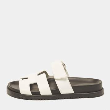 Pre Owned Hermes White Leather Chypre Sandals Size 35