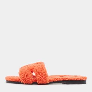 Pre Owned Hermes Orange Shearling Fur Oran Flat Slide Sandals Size 39