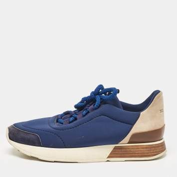 Pre Owned Hermes Blue Neoprene and Suede Miles Lace Up Sneakers Size 38