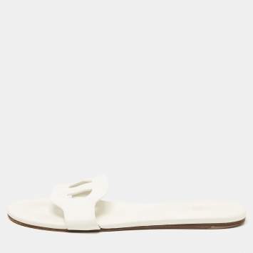 Pre Owned Hermes White Leather Lisboa Flat Slides Size 40