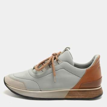 Pre Owned Hermes Grey Leather and Neoprene Miles Lace Up Sneakers Size 38