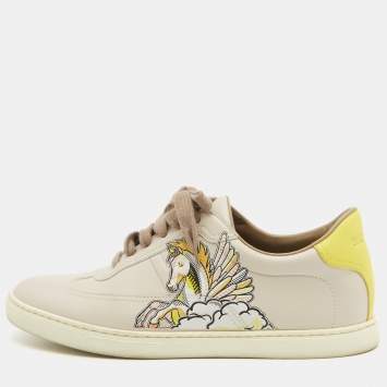 Pre Owned Hermes Beige Leather Quicker Lace Up Sneakers Size 37