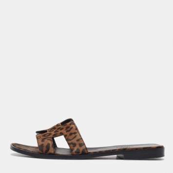 Pre Owned Hermes Brown Suede Leopard Print Oran Flat Sandals Size 38