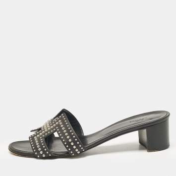 Pre Owned Hermes Black Studded Leather Oasis Sandals Size 40