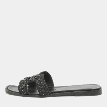 Pre Owned Hermes Black Beaded Suede Oran Flat Slides Size 38.5