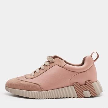 Pre Owned Hermes Rose Pink Satin and Suede Bouncing Sneakers Size 37