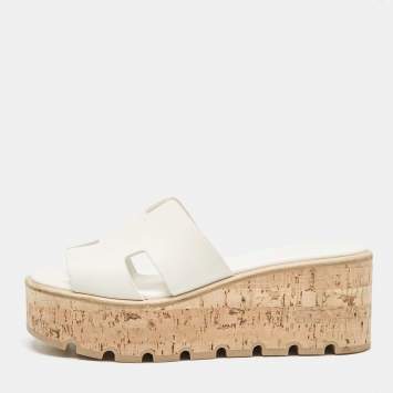 Pre Owned Hermes White Leather Eze Wedge Sandals Size 39