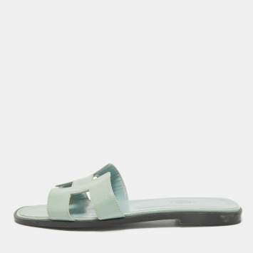 Pre Owned Hermes Mint Green Leather Oran Flat Slides Size 39