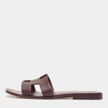 مملوكة مسبقًا Hermes Burgundy Leather Oran Flat Slides Size 37
