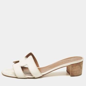 Pre Owned Hermes White Leather Oasis Slide Sandals Size 39
