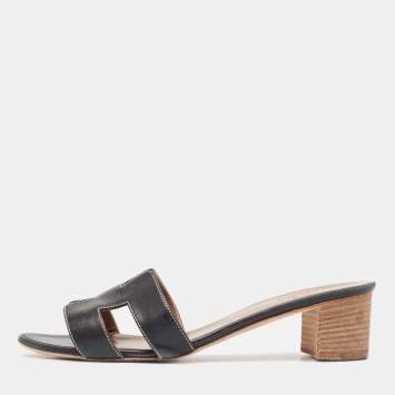 Pre Owned Hermes Black Leather Oasis Slide Sandals Size 39