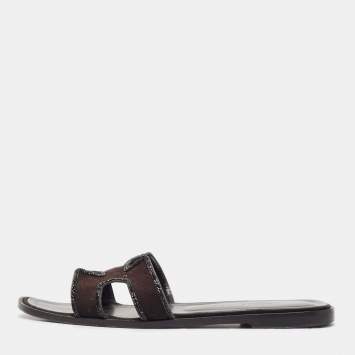 Pre Owned Hermes Black Suede Crystal Embellished Trim Oran Flat Slides Size 38